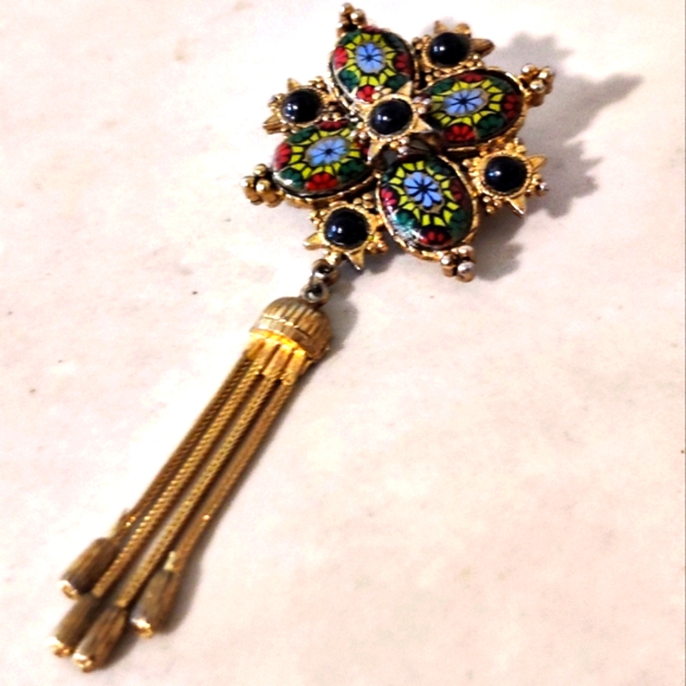 Vintage Laurentian Jewelry Manufacturing Moroccan Matrix Brooch with Tassels